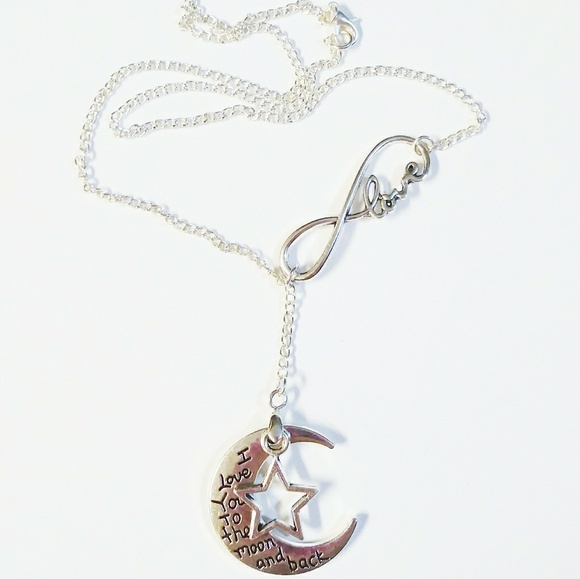Silver Toned Love Moon Stars Infinity Necklace - Picture 4 of 5